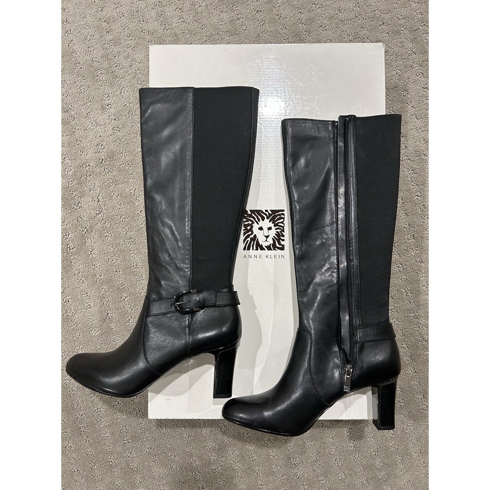 ANNE KLEIN LEATHER BOOTS Size 7.5 Black Knee High Zip Up Boots Brand New